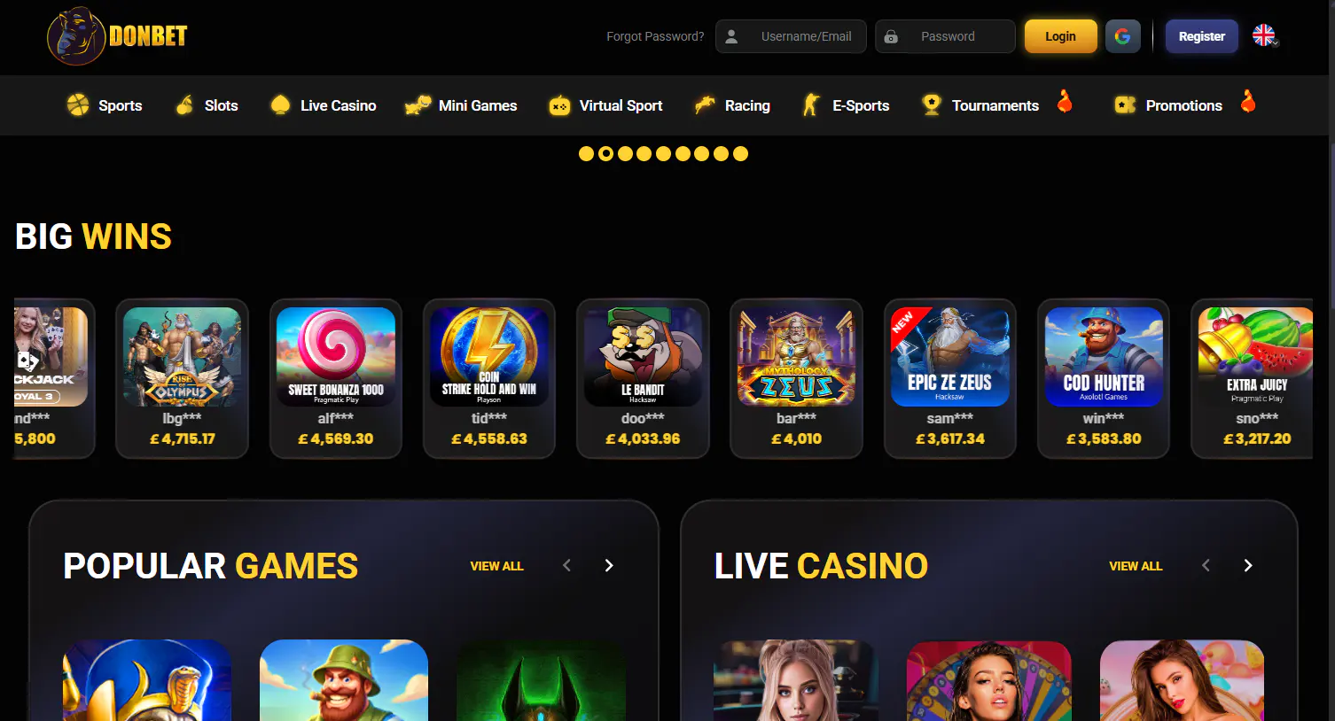 Real Donbet homepage or account interface